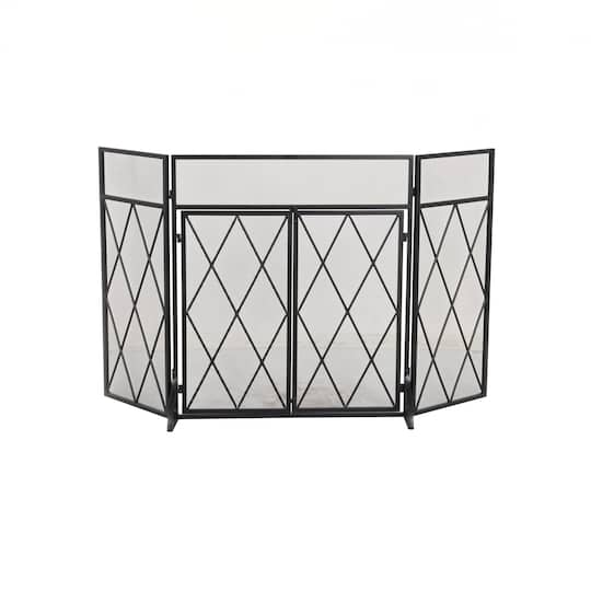 Black Metal Geometric Diamond 3-Panel 2 Door Fireplace Screen